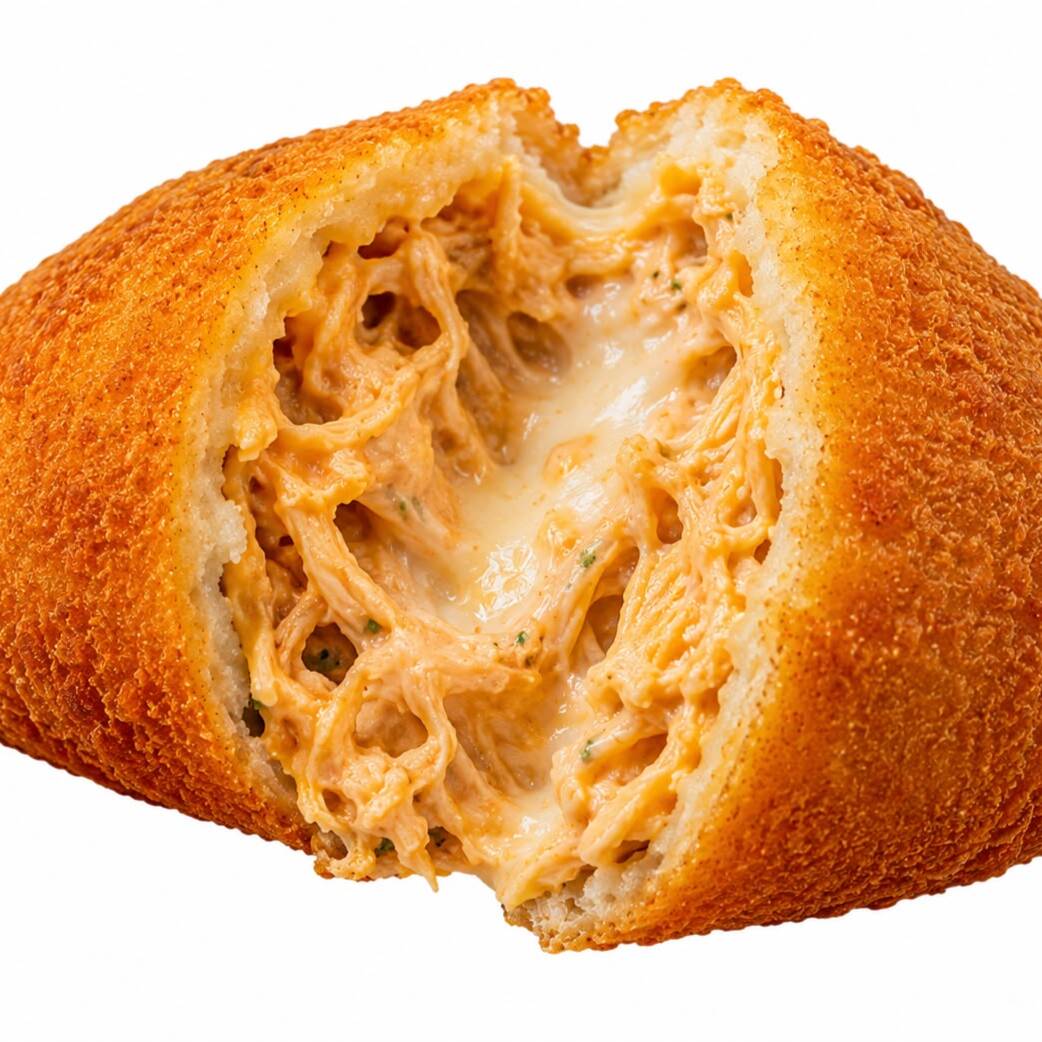 Uma massa que derrete na boca de batata, recheio de frango cremoso com queijo, puta explosão de sabor