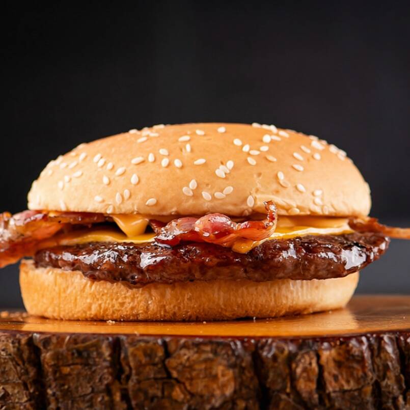 Pão com gergelim, hambúrguer 100g, queijo, bacon crocante e molho especial.
