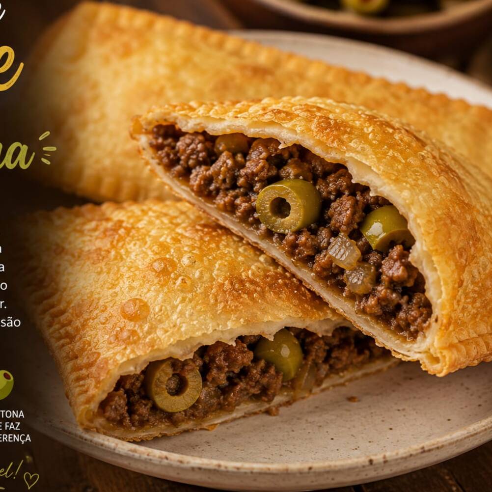 Massa crocante e dourada, recheada com carne moída temperada na medida certa e azeitonas picadas que dão um toque especial de sabor. Cada mordida é uma explosão de suculência e tradição!