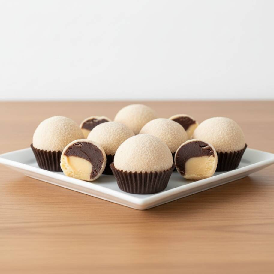 Deliciosos brigadeiro feito com o legítimo chocolate belga Callebaut ao leite e branco, coberto com uma finíssima casquinha de chocolate branco e leite em pó.