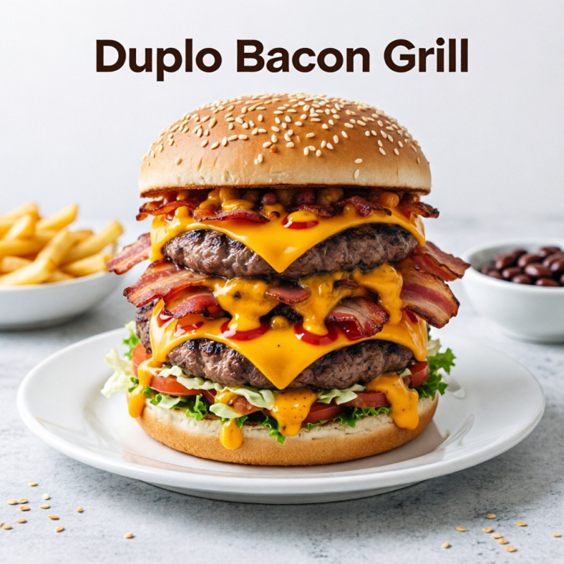 **Duplo Bacon Grill** Pão brioche, 2 hambúrgueres 100% carne (200g cada), duplo bacon, queijo prato, cheddar e salada.