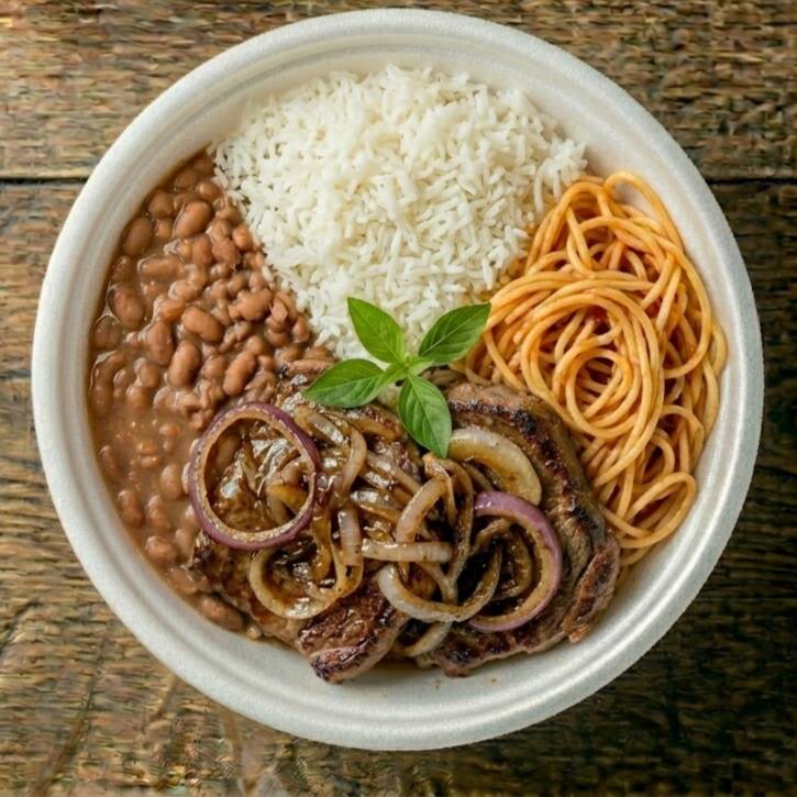 Arroz, feijão, macarrão e bife de vaca.
