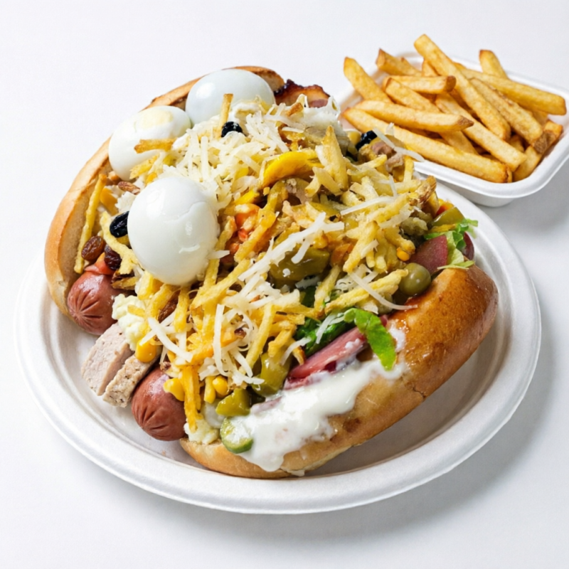 Pao Especial 05 Salcihas, Codorna , File De Peito, Bacon, Linguica Calabresa, Pimenta Biquinho, Pure, Presunto, Mussarela, Catupiry, Chedaar, Milho, Tomate, Batata Palha , Passas, Abacaxi, Creme Cheer