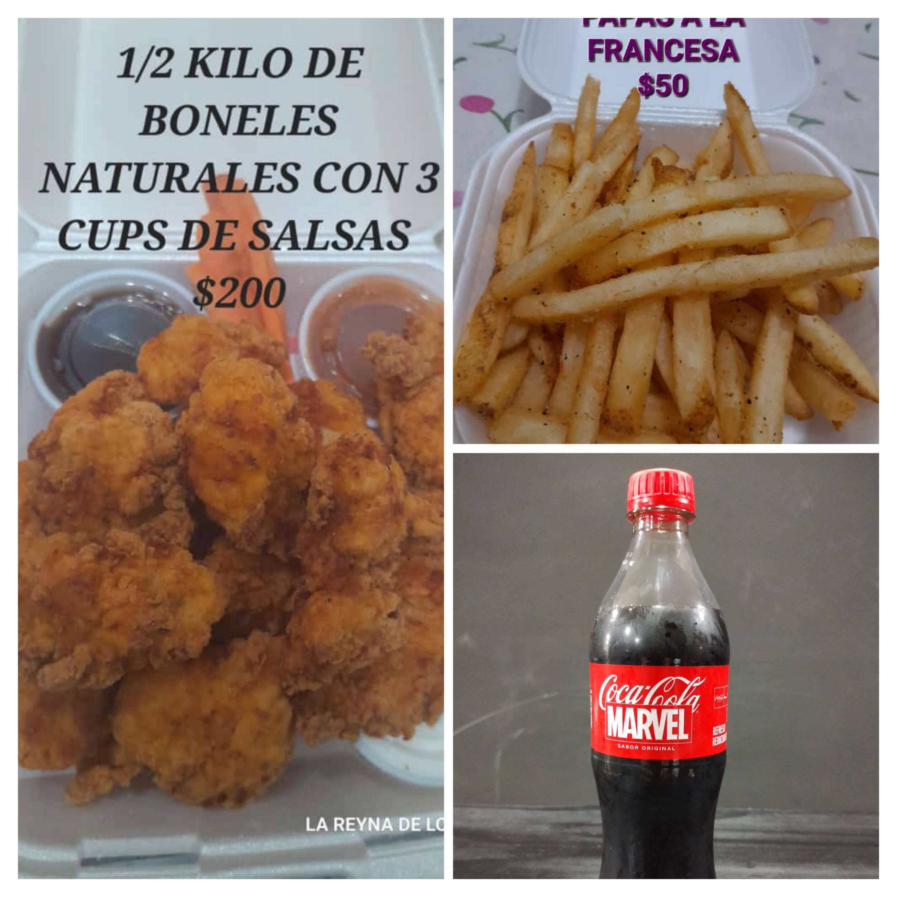 1/2 boneles naturales+ papas y 2 cocas de 600 ml