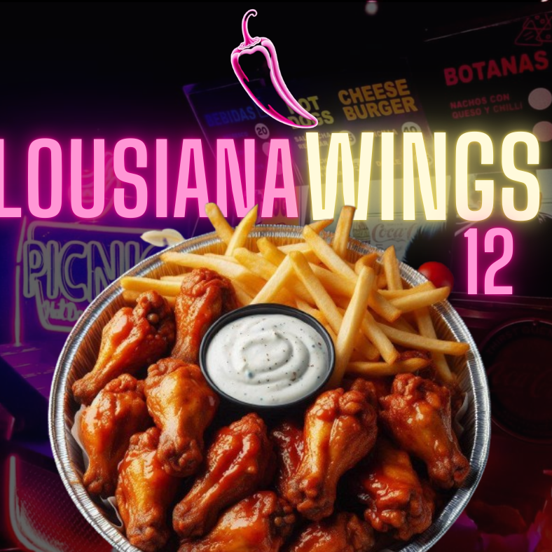 12 Lousiana wings con papas fritas