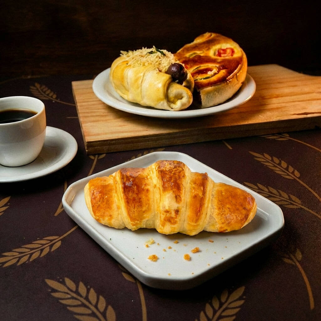 Croissant de frango com massa leve, folhada e amanteigada, recheado com frango cremoso e temperado. Perfeito para um café da manhã especial ou lanche irresistível.
