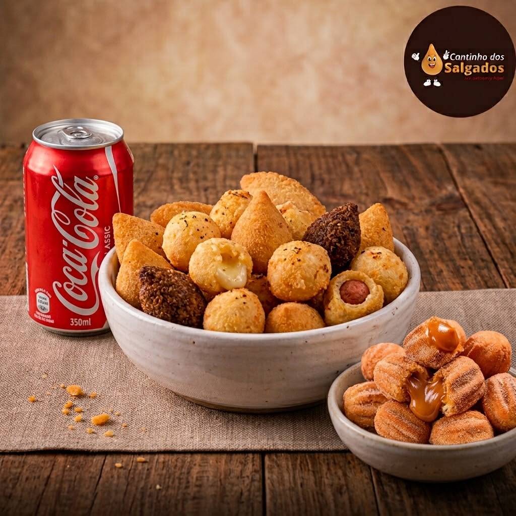 Combo festa composto por 25 mini salgadinhos sortidos nos sabores: frango, carne, pizza, queijo, kibe ,25 mini churros e uma coca lata.