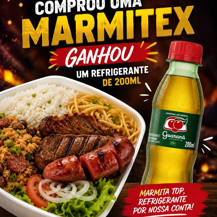 marmita de churrasco e carne do dia do buffe mas um refri de 200ml