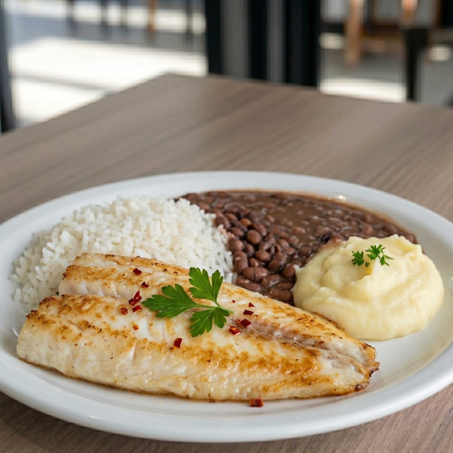 Filé de peixe acompanhado de arroz, feijão e purê.