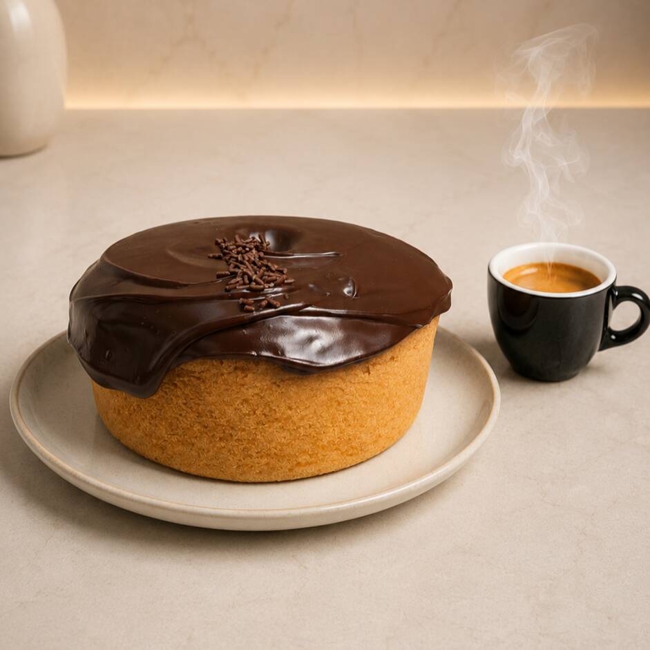 Bolo de cenoura com cobertura de brigadeiro 50% cacau. Tamanho médio aprox. 700 gr. Serve em média 8 a 12 fatias.