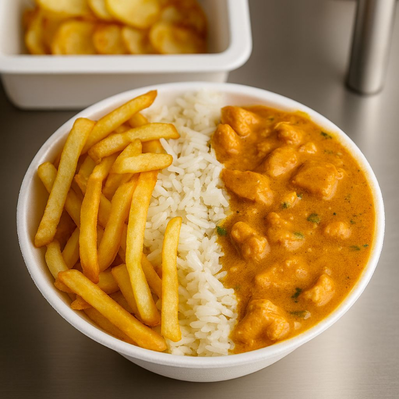 Strogonoff de frango: Acompanhado de Arroz e Batata Frita.