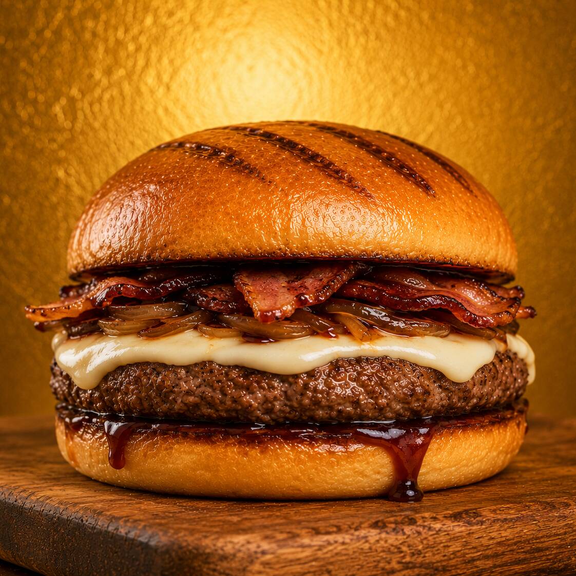 PÃO GRELHADO, CARNE ARTESANAL (80g), CATUPIRY ORIGINAL, BACON EM TIRAS, MOLHO BARBECUE E CEBOLA CARAMELIZA.