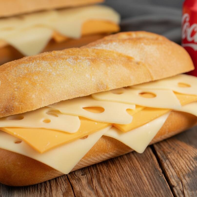 Baguete, queijo mussarela, queijo provolone, queijo prato. O preparo é aquecido, se desejar frio solicite em observações.