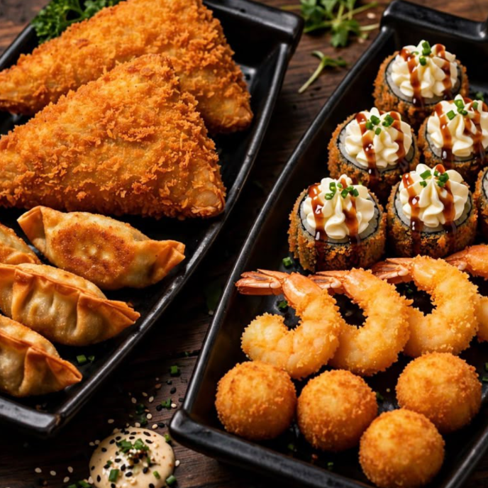 2 temaki hot holl 200g cada, 8 hot holl tradicionais, 4 camarões empanados, 4 bolinhas de salmão, 4 guiozas suínas