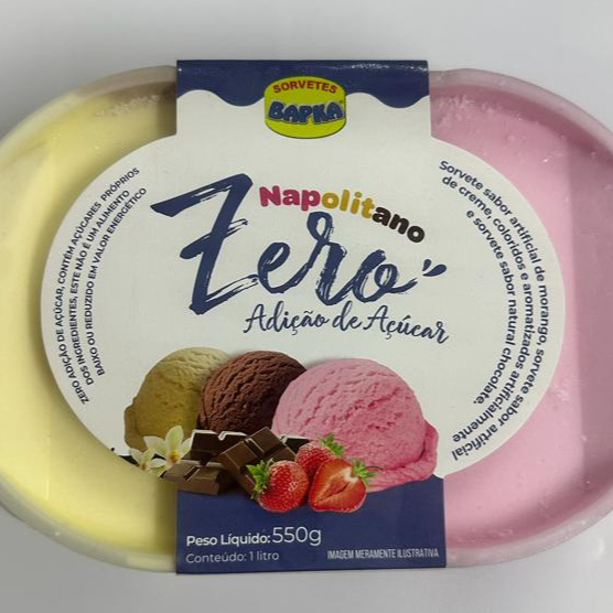 Sorvete Napolitano Zero Açúcar 1l (550g). Contém glúten e lactose.