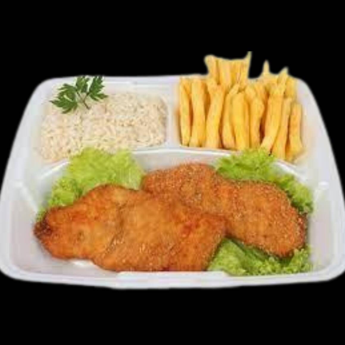 FILÉ DE FRANGO EMPANADO E FRITO
ARROZ BRANCO
BATATA FRITA
MOLHO DE ALHO
EMBALAGEM: MARMITEX EXECUTIVA ( COM DIVISÓRIAS)