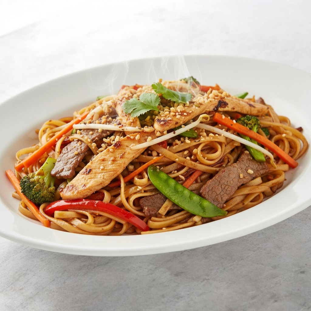 Pasta mixta con pollo y carne de res