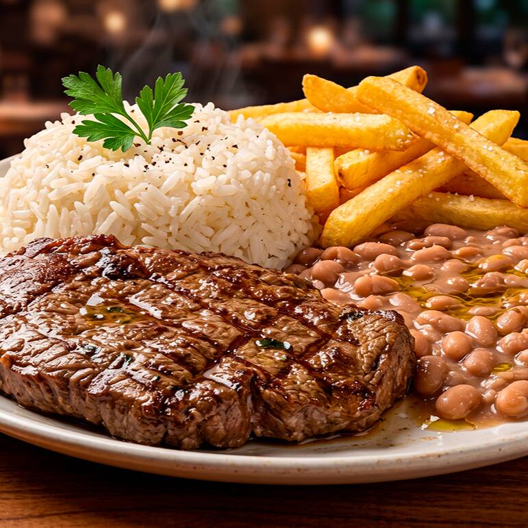 Filé Mignon na Brasa, um corte selecionado e grelhado à perfeição para garantir uma suculência incomparável e um sabor que derrete na boca, acompanhado por um arroz soltinho, o aconchego do nosso feijão caseiro, batatas fritas douradas, e uma farofa crocante que complementa cada garfada.