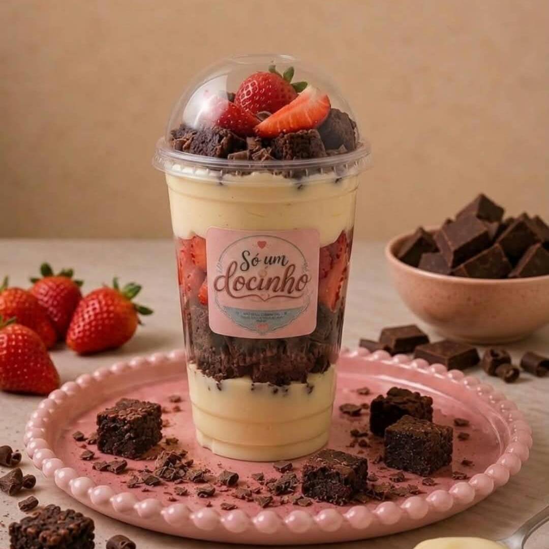 O equilíbrio perfeito! Copo de 250ml com camadas de brigadeiro cremoso de Leite Ninho, Morango e generosos pedaços de brownie.