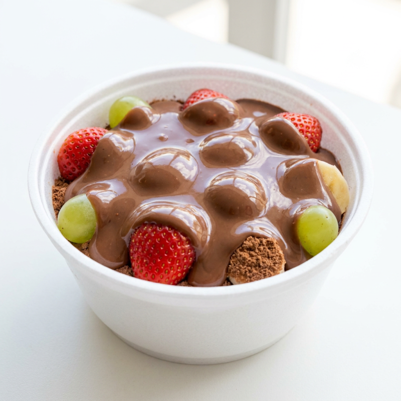 Morango ,Uva ,Banana ,e fondue ao leite e Ovomaltine Obs: escolha ate 3 frutas Obs: Chocolate não vem separado,vai juntos com as frutas!!