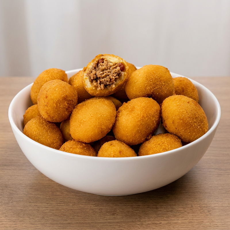 Porção de bolinho de carne com 25 unidades, fritos na hora com massa crocante e super temperadinho.