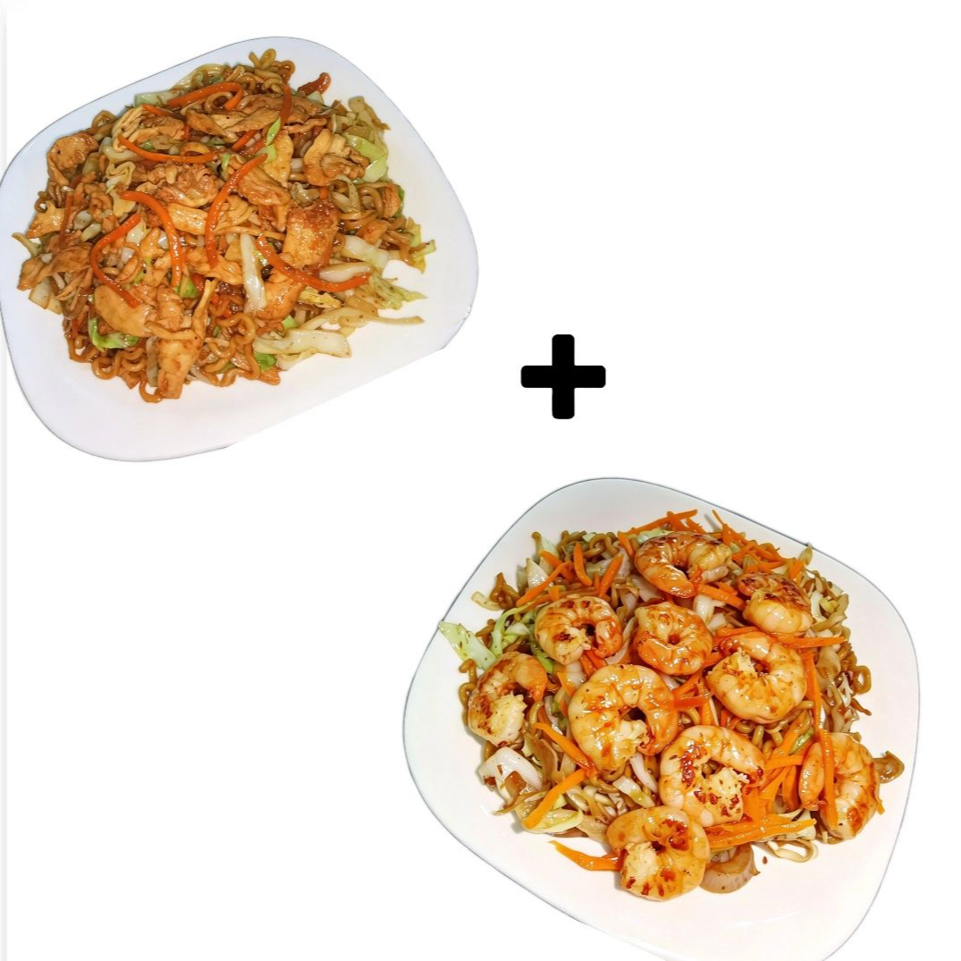 Macarrão, Camarão, Frango, Cebola, Cenoura, Repolho ,Alho picado, Molho de soja