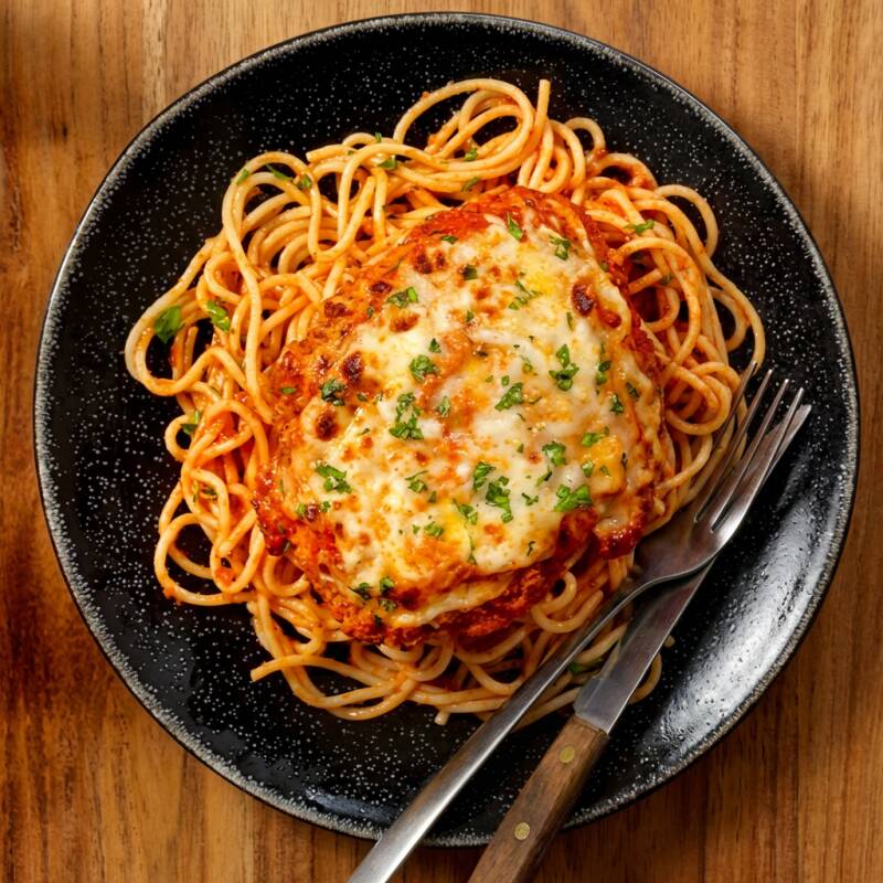 Mega filet de frango à parmegiana servido com macarrão caseiro. Uma supe opção para duas pessoas. - Foto meramente ilustrativa.