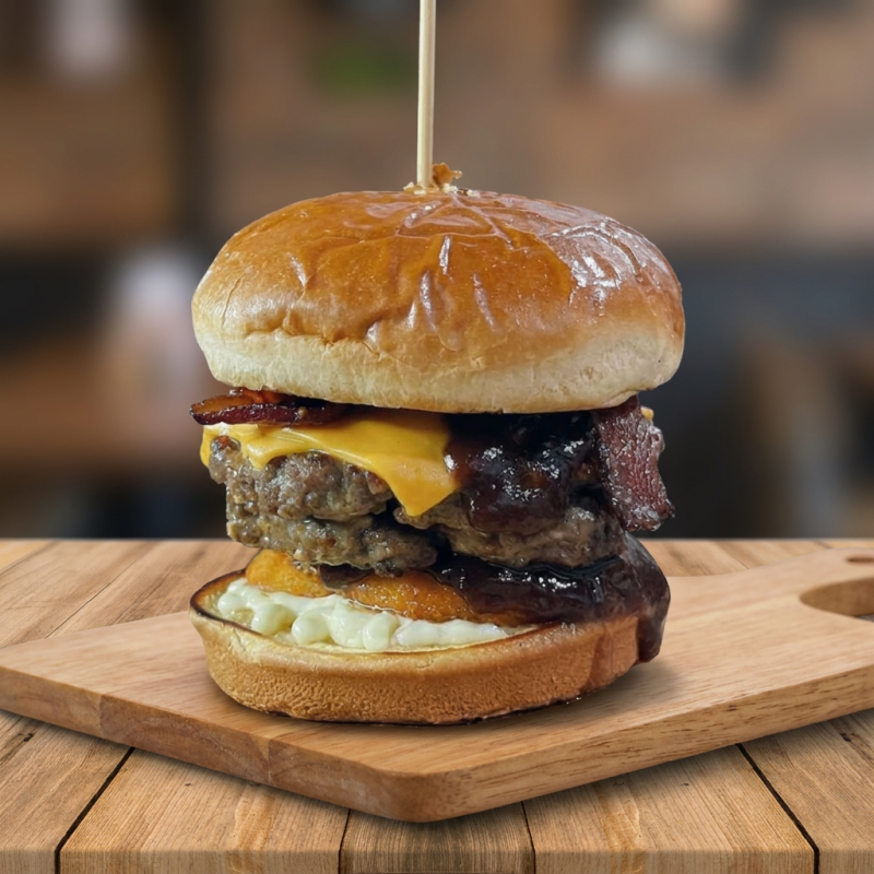 Maionese da casa, blend de hambúrguer artesanal de 200 gramas, american cheese, bacon crocante, cebola empanada, molho barbecue no pão brioche.