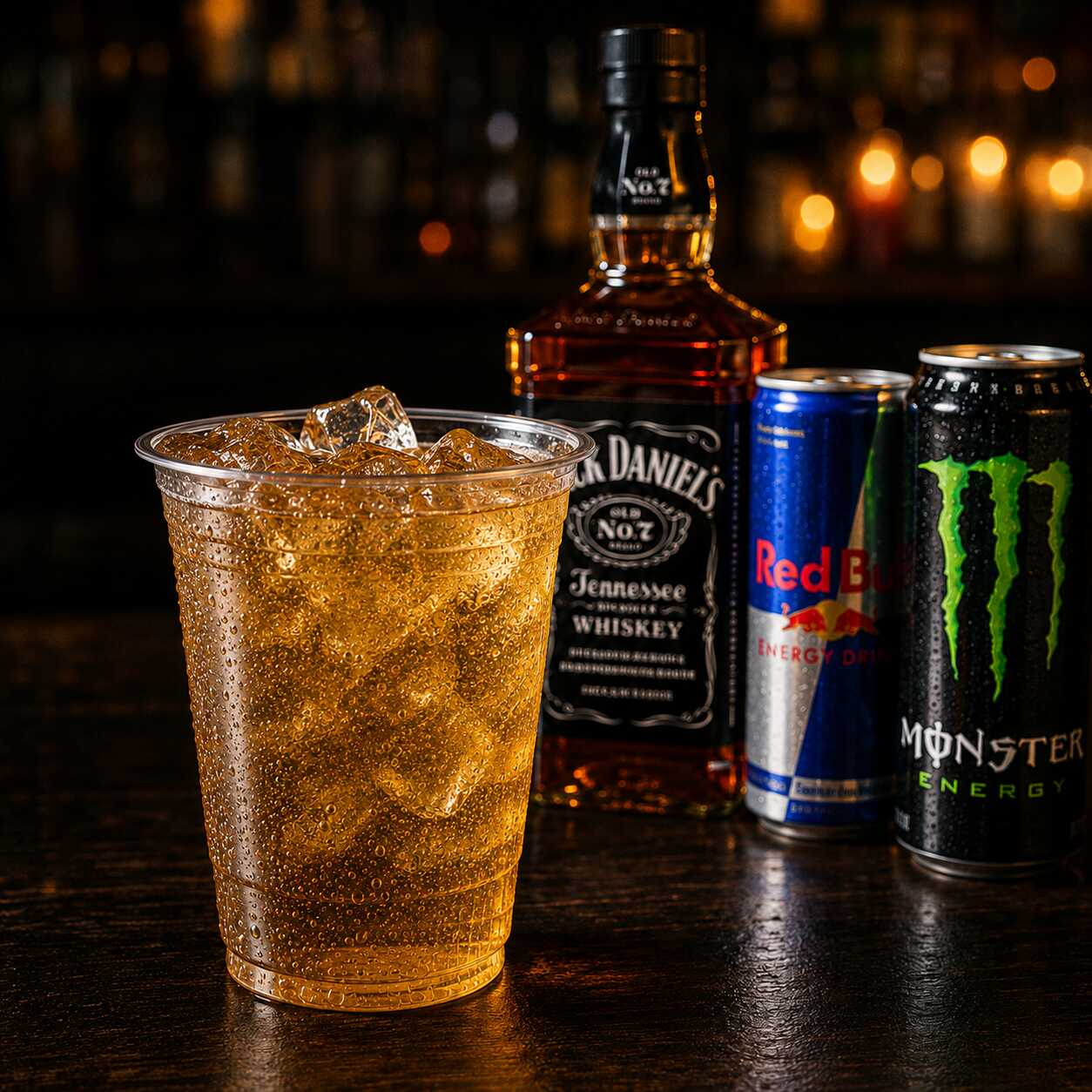 Copo 700 ml de Jack Daniel’s com energético, gelo. Um drink gelado, marcante e refrescante, com o sabor clássico do whisky combinado à energia da bebida.