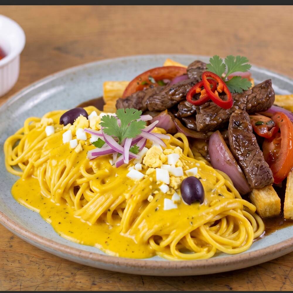 Fideos a la Huancaina C/Lomo