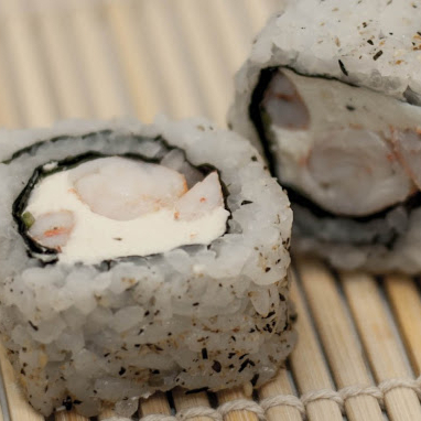 camarão fresco, Shari, cebolinha, folha de alga marinha (nori), cream cheese, gergelim torrado 10 peças