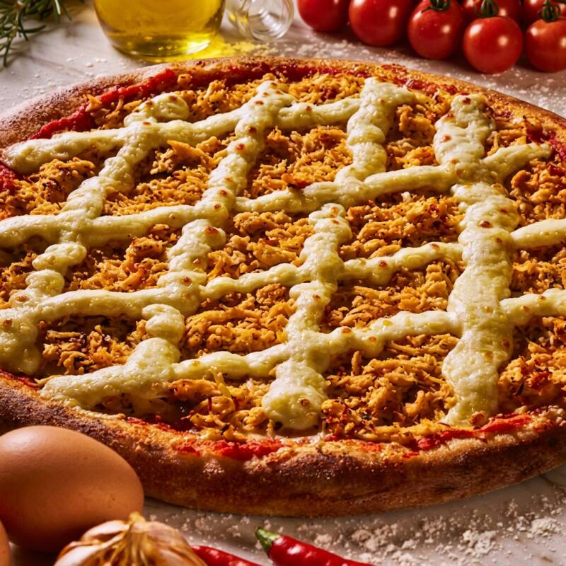 Feita com nossa massa artesanal crocante e molho de tomate caseiro, essa pizza é coberta com uma camada generosa de mussarela derretida, frango desfiado, Catupiry cremoso e um toque de orégano fresco. O frango desfiado combina perfeitamente com o Catupiry, criando uma experiência cremosa e saborosa a cada pedaço. (4 fatias)