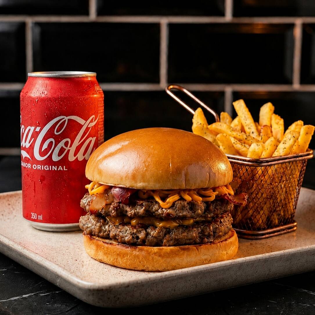 Um maravilhoso combo do magnifico Reo duplo cheddar bacon. Composto por pão de brioche premium, 2 blends bovinos de 120g, cheddar cremoso delicioso, cebola caramelizada espetacular que dá uma explosão de sabores e bacon fatiado + batata + bebida