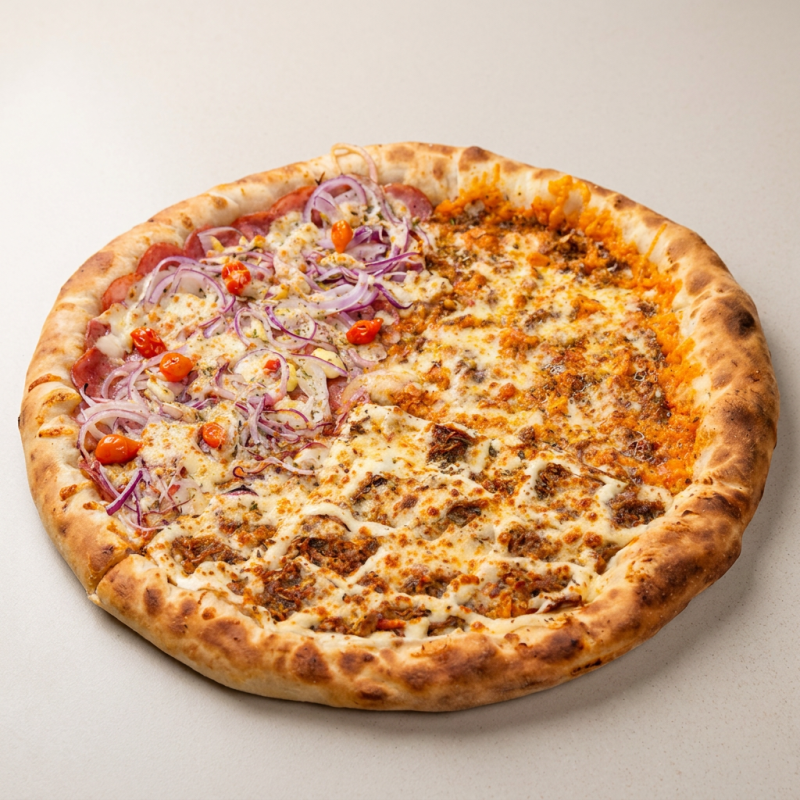 Uma deliciosa pizza BIG de 12 fatias e até 3 sabores. Aproveite e complemente a sua pizza adicionando uma borda recheada, uma pizza broto doce e refri para acompanhar.