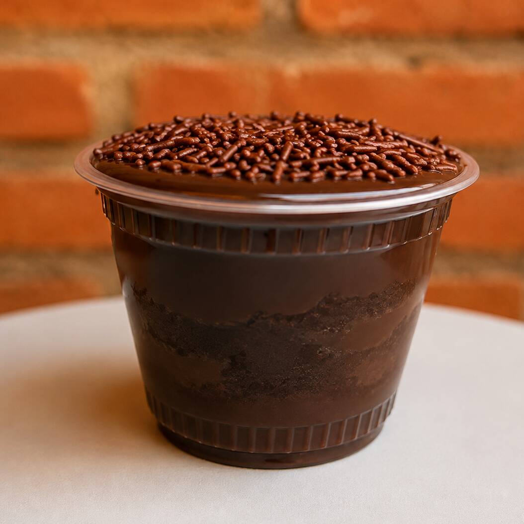 Massa de chocolate, creme de chocolate, finalizado com granulado. Enviado no copo de 200 ml.