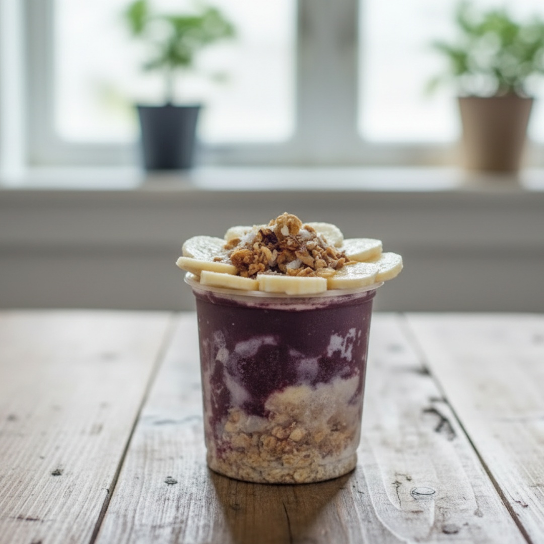 Delicioso creme de açaí com Leite Po, Leite Cond, Banana e Granola