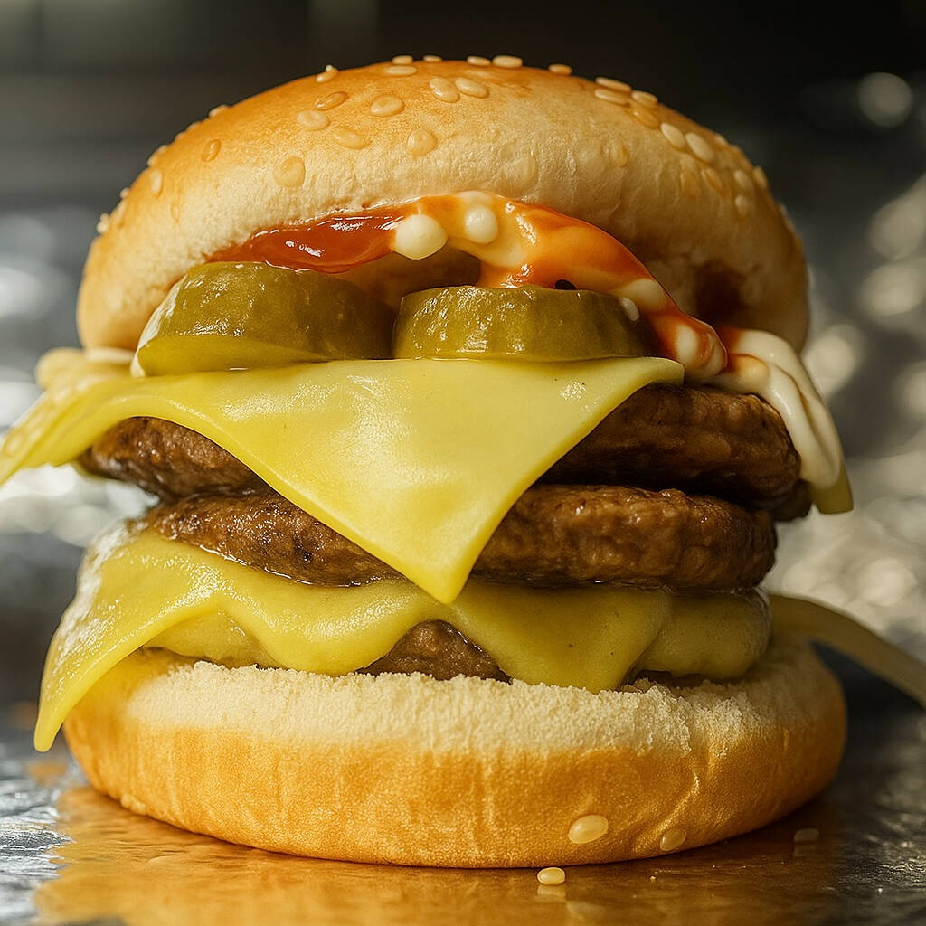 PÃO, 3 BURGER'S, 2 QUEIJOS, PEPINO EM CONSERVA, CEBOLA, CATCHUP E MAIONESE