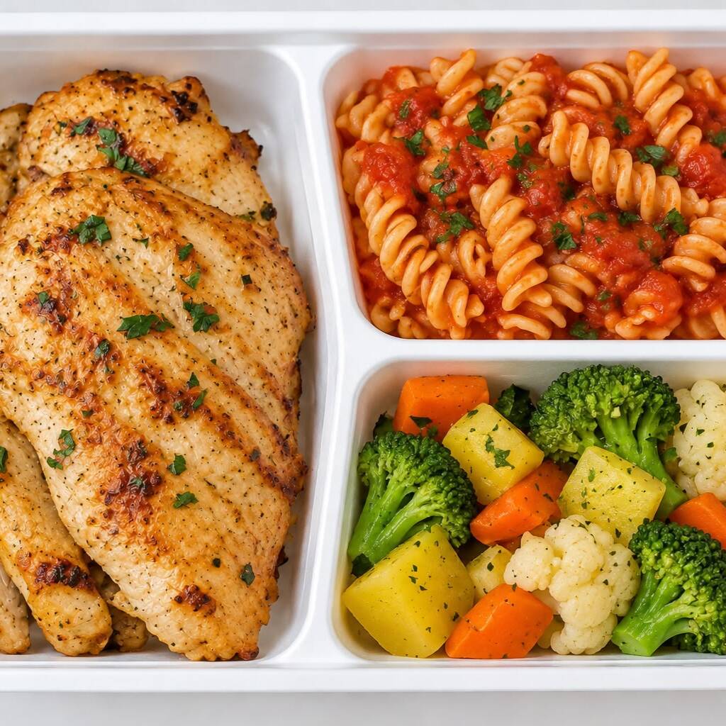 130 g de frango grelhado, 150 g de macarrão cozido, 100 g de molho de tomate e 50 g de legumes. Uma combinação deliciosa para uma refeição completa e equilibrada. ≈ 500 kcal | ≈ 42 g de proteína.