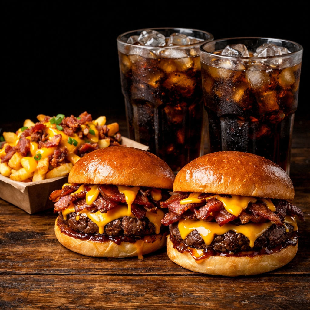 Dois Smash burgers super suculentos, batata frita coberta com cheddar cremoso e bacon crocante, molho de cheddar extra e ainda duas Coca-Cola lata bem geladas para completar. Um combo reforçado, saboroso e perfeito para matar a fome em grande estilo!