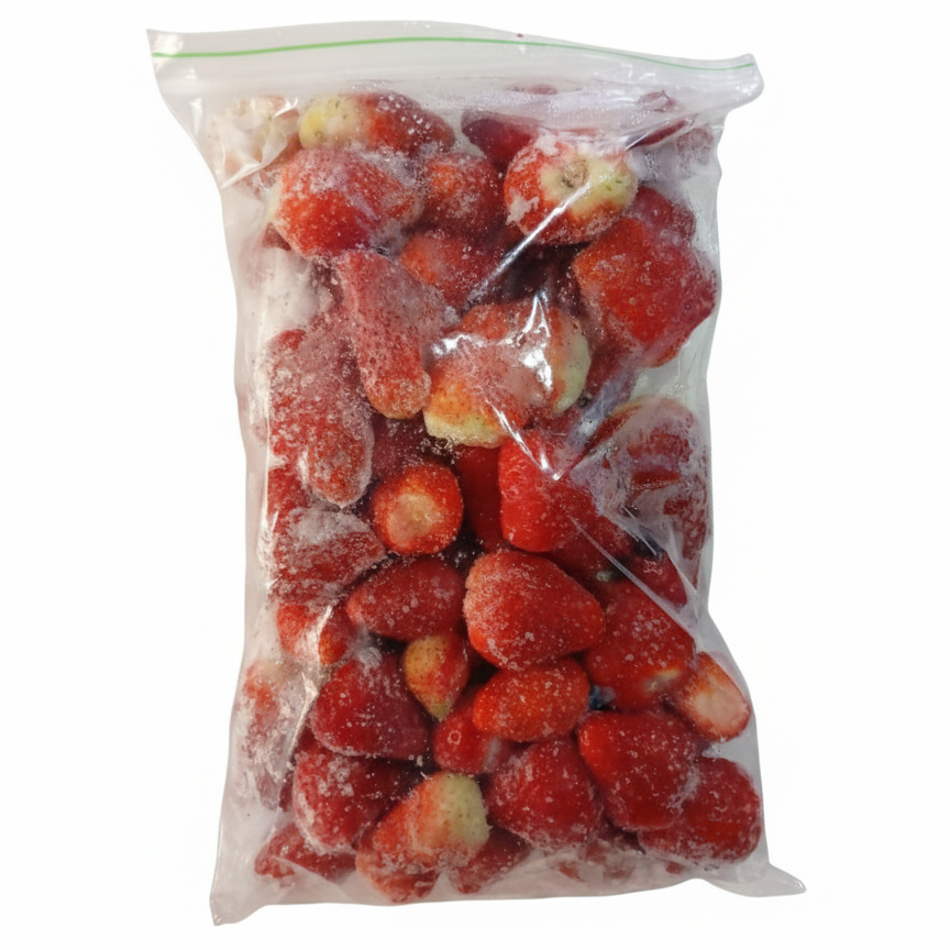 Morangos frescos selecionados e congelados, sem adição de açúcar ou conservantes.