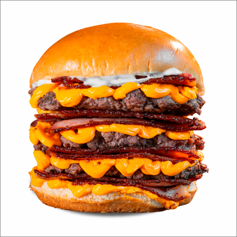 Pão de brioche, 2x bacon, 2x cheddar cremoso, maionese Hakuna e triplo burguer smash 70g.