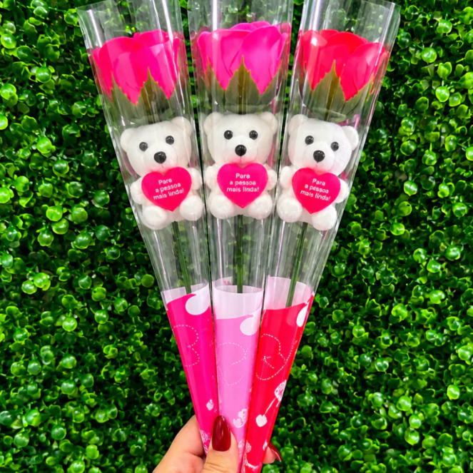 Rosa artificial com ursinho com frase