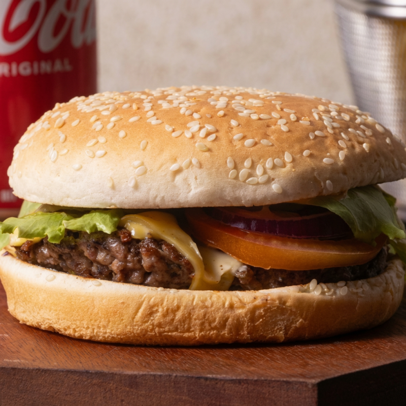 Pão tradicional com gergelim, Burguer Artesanal de 160g Aprox., molho especial, queijo muçarela, tomate, alface e cebola roxa