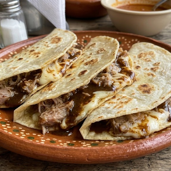 Quesadillas de Harina Carne de Puerco en Mole