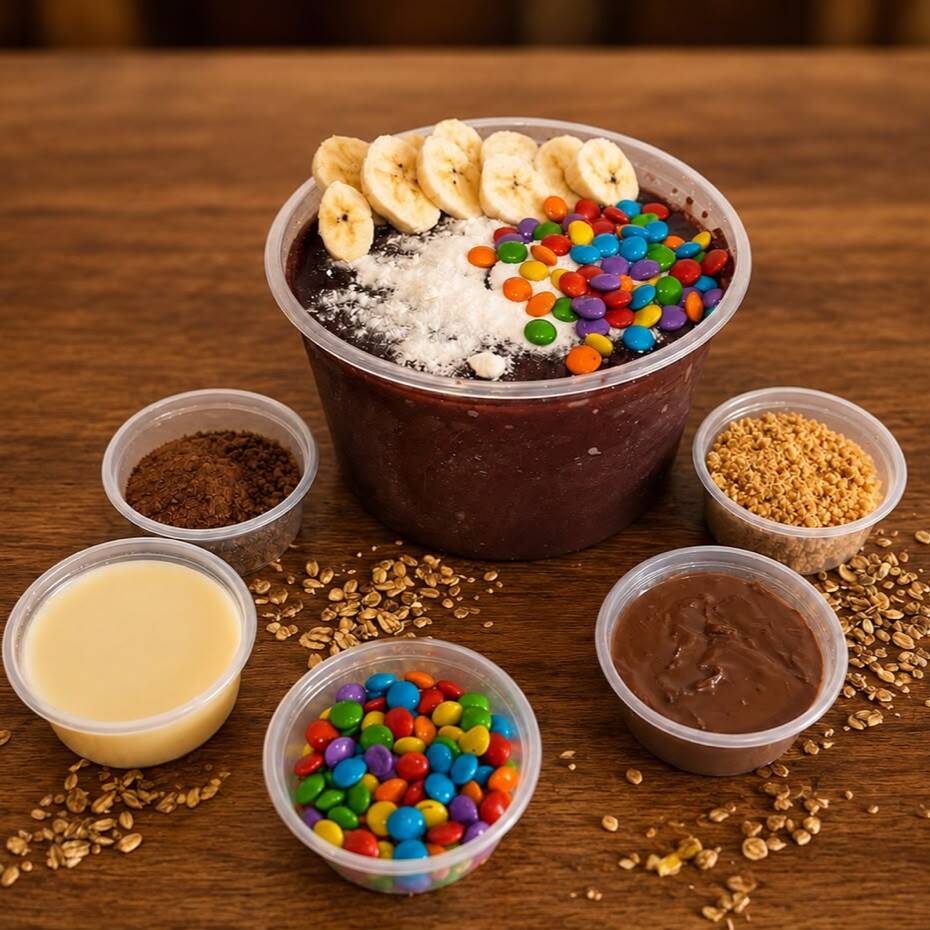 Açaí de Moleke, cremoso e bem servido. Acompanhamentos à escolha separados em potes