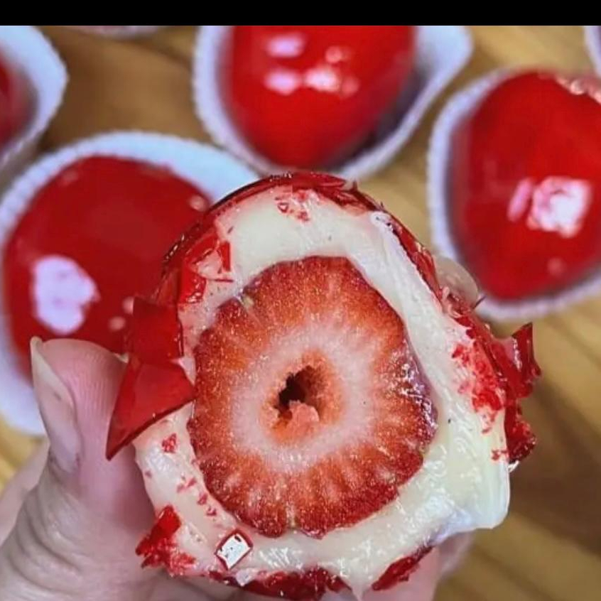 Sabe aquela casquinha da maçã do amor? Então esse é um bombom de morango com brigadeiro branco e banhada com a calda da maça do amor. pesado em media 100g