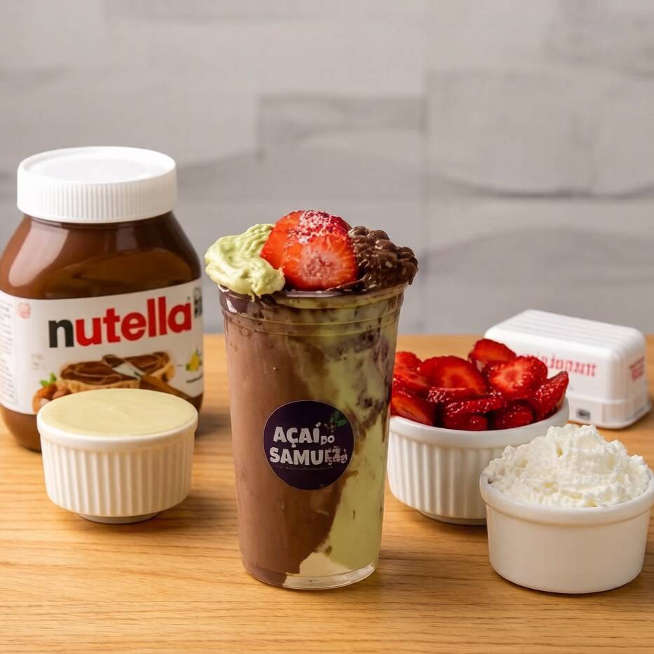 Açaí Cremoso Com Creme De Pistache, Nutella, Morangos Frescos, Leite Condensado Cremoso E Leite Em Pó. Combinação Sofisticada, Cremosa E Cheia De Sabor Em Cada Colherada.