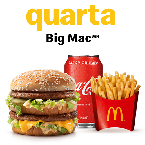 Dois hambúrgueres (100% carne bovina), alface americana, queijo cheddar, maionese Big Mac, cebola, picles e pão com gergelim, com batata e bebida