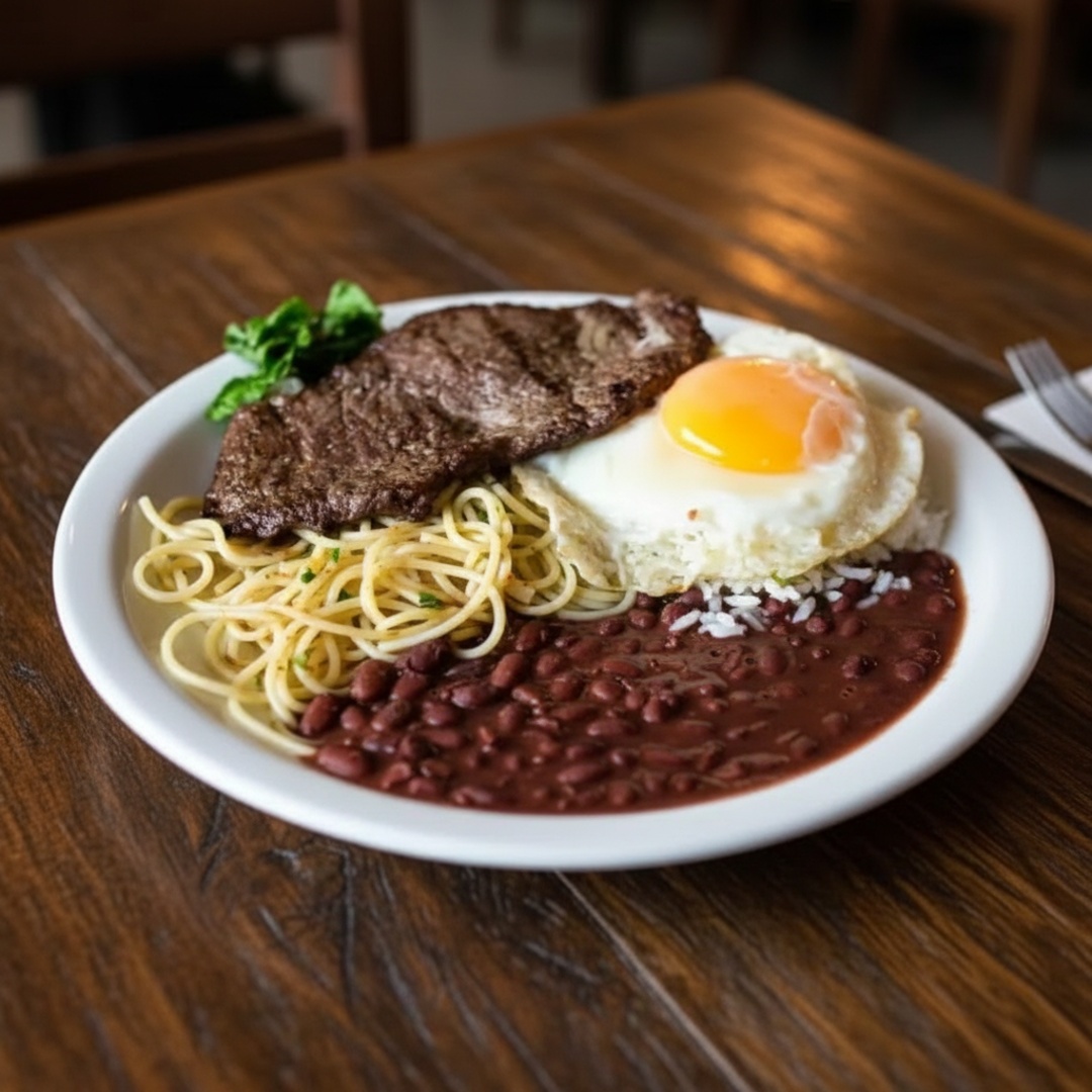 Arroz branquinho, feijão vermelho, fetuccine feito na casa, ao alho e óleo, couve cortadinha e refogada, 1 ovo frito e bife de contra-filé feito na brasa. O prato não acompanha salada.
Obs.: Nossas marmitas são seladas para impedir o vazamento e possuem divisórias. Comportam a mesma quantidade de comida que as marmitas de isopor <3