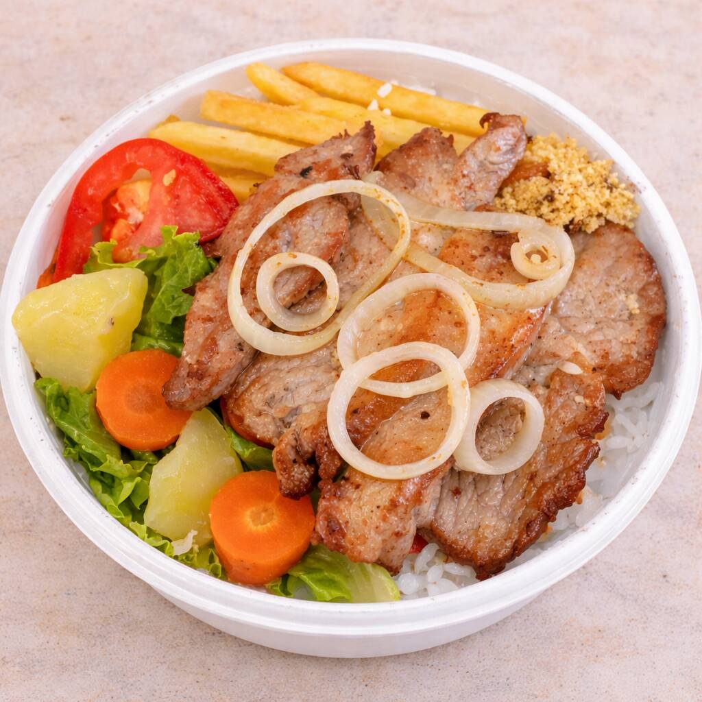 Pernil acebolado suculento com arroz (branco ou à grega), feijão (tradicional, tutu ou tropeiro), espaguete e batata à escolha. Acompanha legumes no vapor e salada (maionese, salpicão ou vinagrete) enviados separados. Marmitex completo, comida caseira, bem servido.